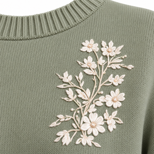 Top Corto de Cachemira para Mujer, Color Verde Salvia, con Bordado Floral, Cuello Redondo, Manga Larga, Dobladillo Acanalado, Estilo Casual para Invierno - Product Image 3