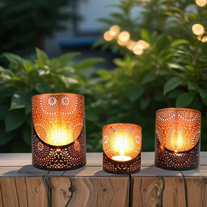 Set of 3 Oriental Decorative Tea Light Holders <b>Lantern</b> 14 cm <b>Large</b> Black & Gold <b>Candle</b> Holder - Product Image 2