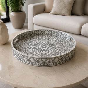 Bandeja Otomana Artesanal de Hueso con Incrustaciones de Concha, Decorativa Floral/Geométrica, para Mesa de Centro, Diseño Moderno Rústico - Product Image 4