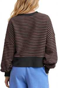 Sweat-shirt rayé à col rond pour femme, pull décontracté à épaules tombantes, haut à manches longues - Product Image 2