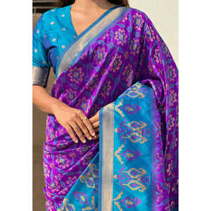ผ้าซารีไหมพรมสีม่วงเนื้อนุ่มลายแพทโลาทอแบบเอลีท วีฟส์ พร้อมลายทอแบบตัดกันสำหรับชุดออกงานกลางคืน - Product Image 3