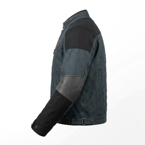 Blouson de moto en jean bleu délavé avec empiècements en cuir, style motard, vêtement d'extérieur tactique, streetwear décontracté pour homme, vintage - Product Image 4