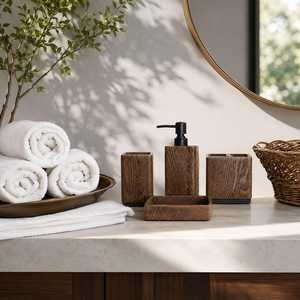 Ensemble de salle de bain en bois : porte-brosse à dents carré, distributeur de savon, gobelet, plateau – Accessoires de vanité minimalistes - Product Image 5