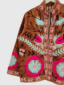 Hand Embroidered Floral Mandarin Collar Jacket Full Sleeve Cotton Women'<b>s</b> Plus Size Spring Wear Prairie Chic Style - Product Image 4