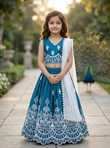 Shoryam Fashion Girls Teal Embroidered Lehenga Choli Kids Traditional Ethnic Wear Crop <b>Top</b> Skirt <b>Festive</b> Wedding Party Dress Set - Product Image 2