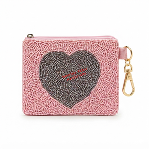Elegant <b>Pink</b> Beaded Coin <b>Purse</b> with Gray Heart Design Fashion Wallet for Boutique Retail OEM Factory Supplier - Product Image 1