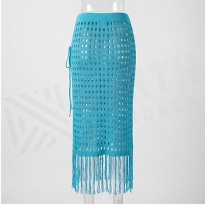 Turquoise Knitted Hollow Out <b>Skirt</b> With Drawstring And Tassel Trim Women's Beachwear - Product Image 2