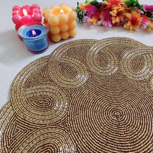 Set de table rond en coton polyester fait main, forme fleur, 300 mm, design bohème, écologique, lavable, avec perles - Product Image 3