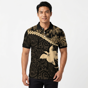 Polo pour homme noir et or à imprimé polynésien, manches courtes, décontracté, respirant, en polyester tissé, motif décoratif - Product Image 6