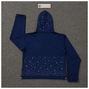Sweat à capuche bleu marine à strass, zippé, coupe oversize, style streetwear, décontracté, unisexe, mode, vente en gros - Product Image 6