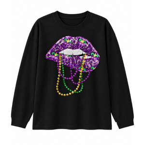 Eleganter Großhandels-Brauner Damen-Langarm-Rundhals-Pullover mit Mardi Gras Pailletten-Glitzer und „Pour Me Something Mister“ Buchstaben-Grafik - Product Image 4