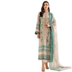 Pure Cotton Dupatta Suit with Exclusive Embroidery Patches Online Sale of <b>Indian</b> <b>Pakistani</b> <b>Clothing</b> Silver Print Cotton Material - Product Image 1