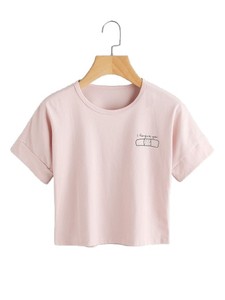 Camiseta Corta de Algodón para Mujer, Manga Corta, Cuello Redondo, Estampada, Informal, Estilo Urbano, Camiseta de Verano - Product Image 1
