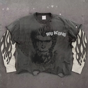 เสื้อยืดแขนยาวทรงโอเวอร์ไซส์สไตล์วินเทจสำหรับผู้ชาย ผ้าคอตตอน 100% แบบสองชั้น  ตกแต่งด้วยเทคนิค Acid Wash  แขนเสื้อแบบ Double Waffle  สามารถปรับแต่งได้ - Product Image 1