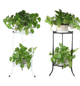 White metal two tier plant stand with round <b>pot</b> <b>holder</b> shelves and slim curved legs ideal for indoor plants balcony garden patio - Product Image 1