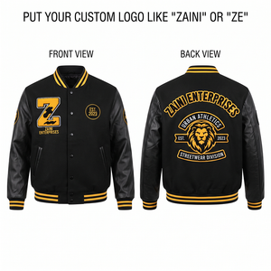 380 GSM Premium <b>Fleece</b> PU Leather Varsity <b>Jacket</b> Stand Collar Front <b>Black</b> Gold Contrast Panels Custom Logo Design - Product Image 1