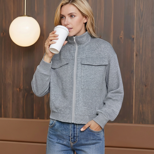 เสื้อแจ็คเก็ตผู้หญิงสีเทา ผ้าฟลีซ ซิปหน้า คอตั้ง แขนยาว กระเป๋าปะ ผ้าถัก ระบายอากาศได้ดี ซับในผ้าฝ้าย เสื้อคลุมทั่วไป - Product Image 3