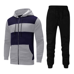 Ensemble sweat à capuche zippé color block pour homme, coupe droite, en molleton de coton et polyester, tenue décontractée d'automne, pantalon de jogging - Product Image 3
