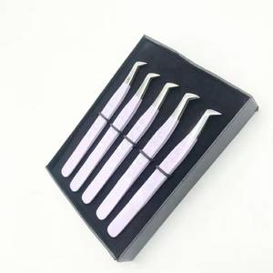 Ensemble de pinces à cils de précision, 5 pièces, acier inoxydable, pointe lisse, manche violet, emballage en boîte - Product Image 5