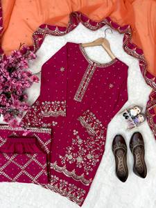 Pink Embroidered Floor-Length <b>Kurta</b> Set With Orange Dupatta <b>Women</b> Traditional Ethnic Indian Pakistani Wedding Wear - Product Image 4