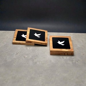 <b>Round</b> Wooden Coasters <b>Set</b> of <b>4</b> with Blue Floral Design Non-Slip Modern <b>Table</b> Mats - Product Image 4