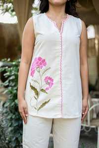 Women Knee-Length <b>Bohemian</b> Sweet Natural Woven Cotton A-Line Kurta Pant Set Floral Embroidered Sleeveless <b>Top</b> Trousers Casual - Product Image 2