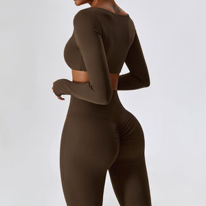 Ensemble de yoga et de fitness 2 pièces pour femmes de haute qualité avec logo personnalisé, couleur contrastée, en Spandex/Coton/Fibre de bambou respirant - Product Image 4
