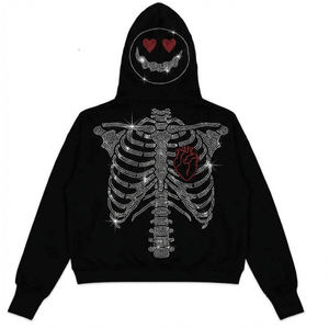 Sweat à capuche zippé personnalisé avec motif squelette gothique, en molleton 100% coton épais orné de strass, pour la vente en gros - Product Image 5