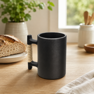 Handcrafted Longpi <b>Beer</b> Mug in Natural Black Pottery with Cane Handle, Traditional Artisan Drinkware for <b>Beer</b> & Gifting - Product Image 3