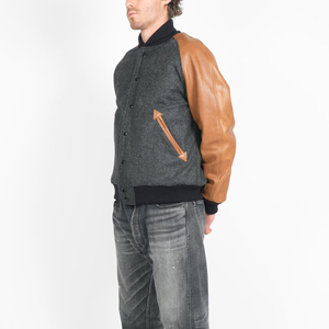 Grey and Tan Varsity <b>Jacket</b> for Men Wool and <b>Leather</b> Bomber Style Outerwear with Snap Button Front and Ribbed Collar Cuffs and - Product Image 2