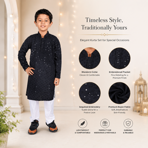 Kids Rayon Kurta Pajama Set for Boys | Designer <b>Sequined</b> Embroidery Indian Ethnic Wedding Festive Traditional Wear Collection - Product Image 5
