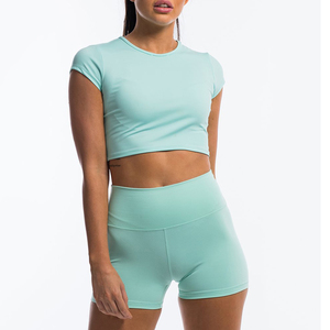 Women Solid Color Breathable Spandex Polyester Sporty <b>Crop</b> <b>Top</b> Shorts Set Crew Neck Short Sleeve Summer Lightweight Activewear - Product Image 1