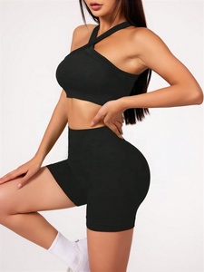 <b>Women</b> 2 Piece Yoga Set Black Crisscross Strap Crop <b>Top</b> High Waist Shorts Solid Color Spandex Polyester Seamless Four-Way Stretch - Product Image 1
