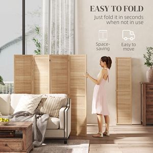 Divisorio in Legno a 4 Pannelli Tagliato al Laser, Alto 1,70 m, Design Semplice, Pieghevole, con Fori per Ganci, Colore Naturale - Product Image 4