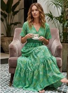 Green Floral Print V-Neck Maxi <b>Dress</b> With Elastic Waist And Ruffles <b>Boho</b> Loose Chiffon <b>Summer</b> Casual <b>Dress</b> - Product Image 1