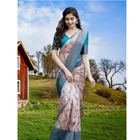 Sari indio tradicional de seda con estampado digital, diseño floral rosa y azul, para mujer, ropa de boda, corte regular, largo hasta el suelo.