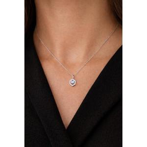 Collar con Colgante en Forma de Hexágono, Oro Blanco, Diamante de Corte Redondo, Ilusión Flotante en el Centro, Engaste de Cuatro Puntas, Geométrico, Fino - Product Image 2