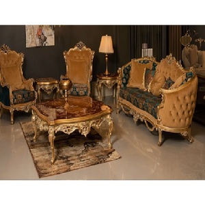 Best Quality Teak Wood <b>Sofa</b> Set for Home <b>Gold</b> Finish 5 Seater <b>Sofa</b> Set Decoration European Hand Carved Living Room Furniture Uk - Product Image 1