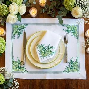 Premium Embroidered <b>White</b> Cotton <b>Placemat</b> and Napkin Set - Botanical Green Floral Table Scape Decor for Parties & Dining Tables - Product Image 1