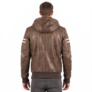 Blouson de motard unisexe en cuir marron enduit, écologique, décontracté, à capuche, avec fermeture éclair sur le devant et poignets côtelés - Product Image 2