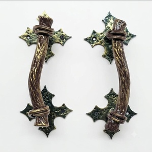Poignée de portail en fer forgé résistant à la rouille, finition imitation bois, style asiatique traditionnel, pour clôtures et portails - Product Image 1