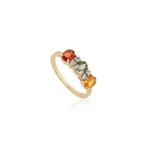 Bague à trois pierres en or jaune véritable K14, design personnalisé d'usine, minimaliste, multi-saphirs et diamants, bijoux fins en pierres précieuses, vente en gros - Product Image 3