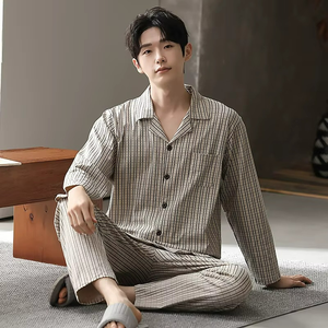 Ensemble de pyjama en coton pour homme, manches longues et coupe ample, deux pièces, respirant et confortable pour se détendre au printemps et en automne - Product Image 4