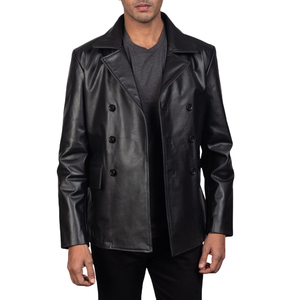 Men's Black Genuine <b>Leather</b> Double Breasted Button Jacket Slim Fit Shirt Collar <b>Coat</b> - Product Image 4