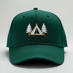 Casquette de baseball verte à 6 panneaux avec motif brodé Tente et Arbres, unisexe, décontractée, pour l'extérieur, style ajusté - Product Image 1