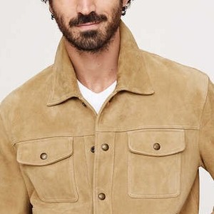 <b>Men's</b> Tan <b>Suede</b> Shirt <b>Jacket</b> Workwear Style Turn-down Collar Button Closure Regular Fit Autumn Wear Solid Color - Product Image 2