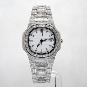 Montre de luxe avec boîtier en alliage, bracelet en acier inoxydable, verre saphir, lunette sertie de moissanite taille baguette, design glacé, mouvement automatique mécanique - Product Image 1