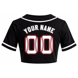 Maillot de baseball court pour femme, personnalisable avec nom et numéro, chemise de softball boutonnée, haut court, tenue d'équipe, 100% polyester, noir - Product Image 3