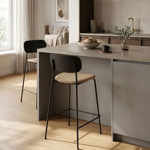 Modern Counter Height Bar <b>Stool</b> with Fabric Upholstery, Wooden Veneer Backrest and Metal Frame for Bar, Restaurant and Lounge - Product Image 2