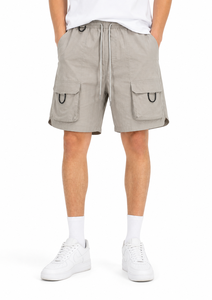 Pantalones cortos tipo cargo color beige para hombre, pantalones cortos informales con cordón en la cintura elástica, pantalones cortos de verano con múltiples bolsillos, pantalones cortos de algodón ligeros y transpirables - Product Image 1
